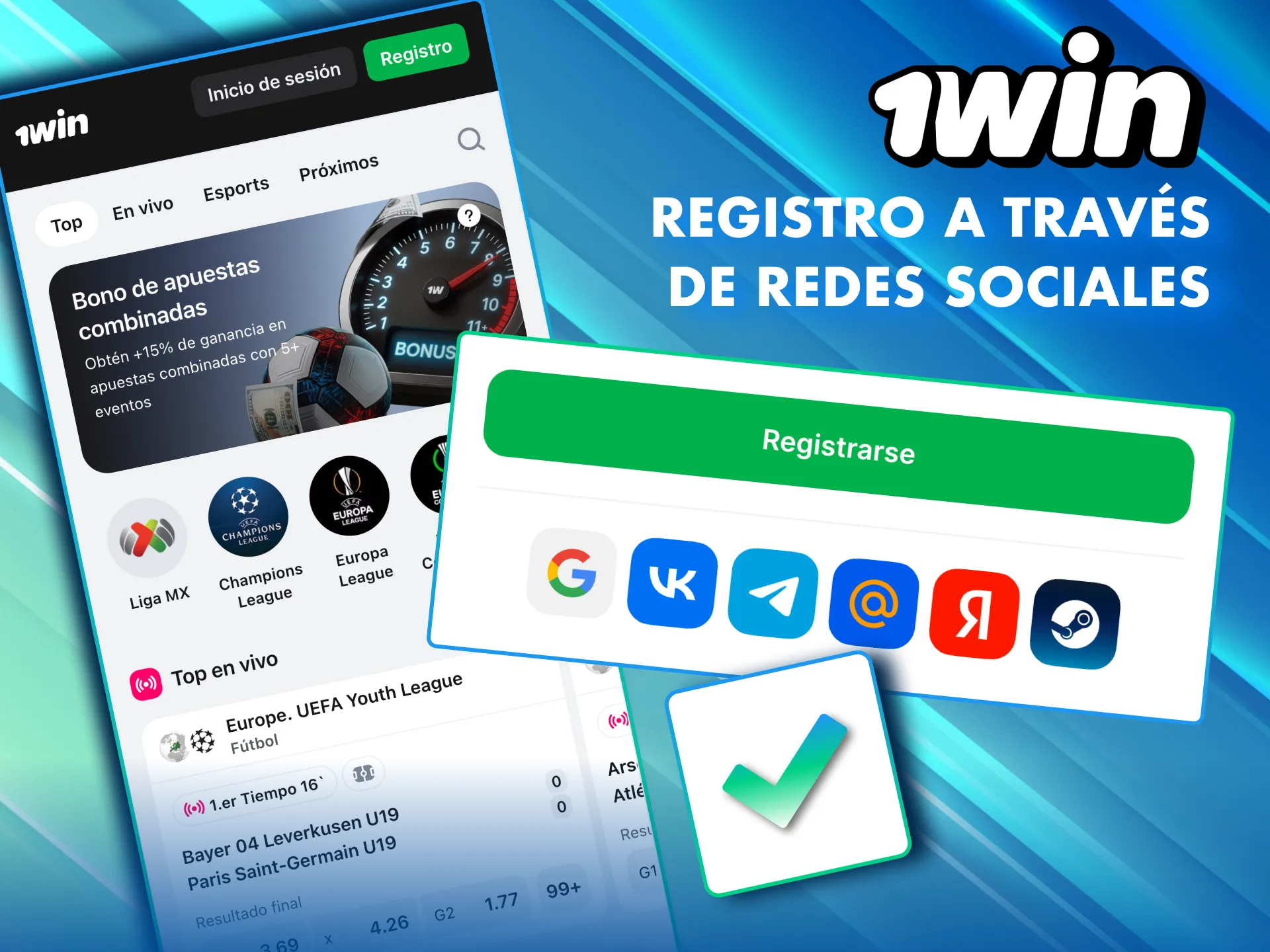 Registro en 1Win México usando redes sociales como Google o Telegram.